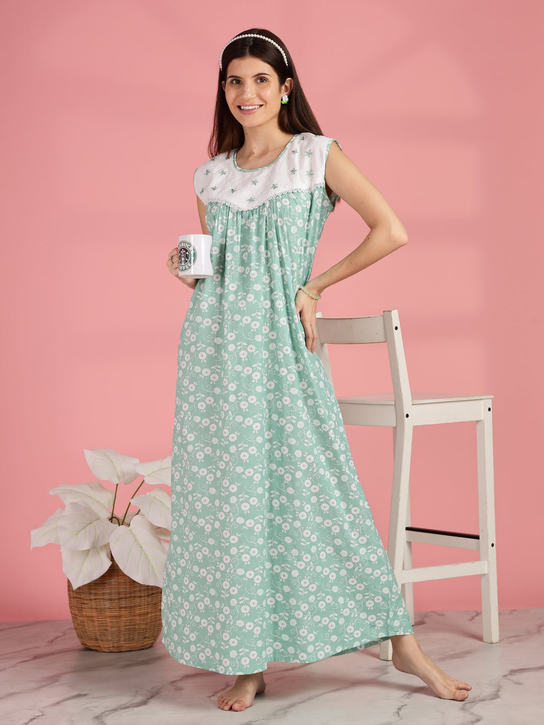 Green Pure Cotton Sleeveless Nighty for Women