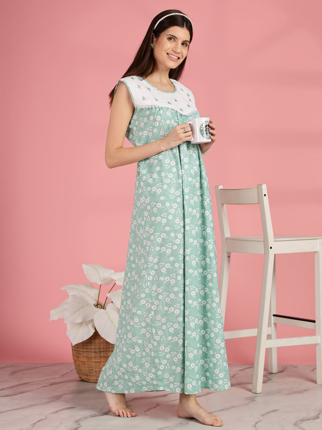 Green Pure Cotton Sleeveless Nighty for Women