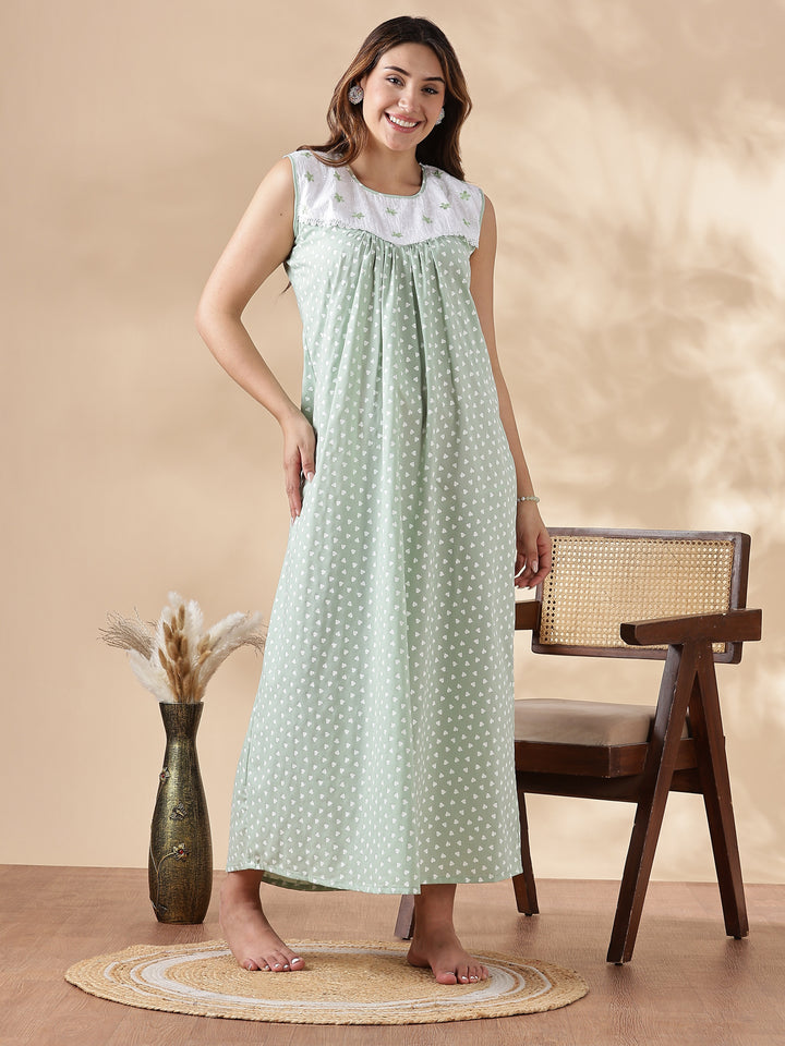 Green Cotton Sleeveless Branded Nighty for Women
