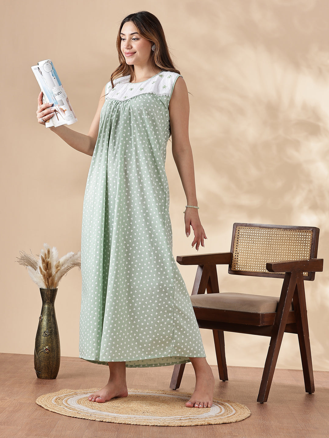 Green Cotton Sleeveless Branded Nighty for Women