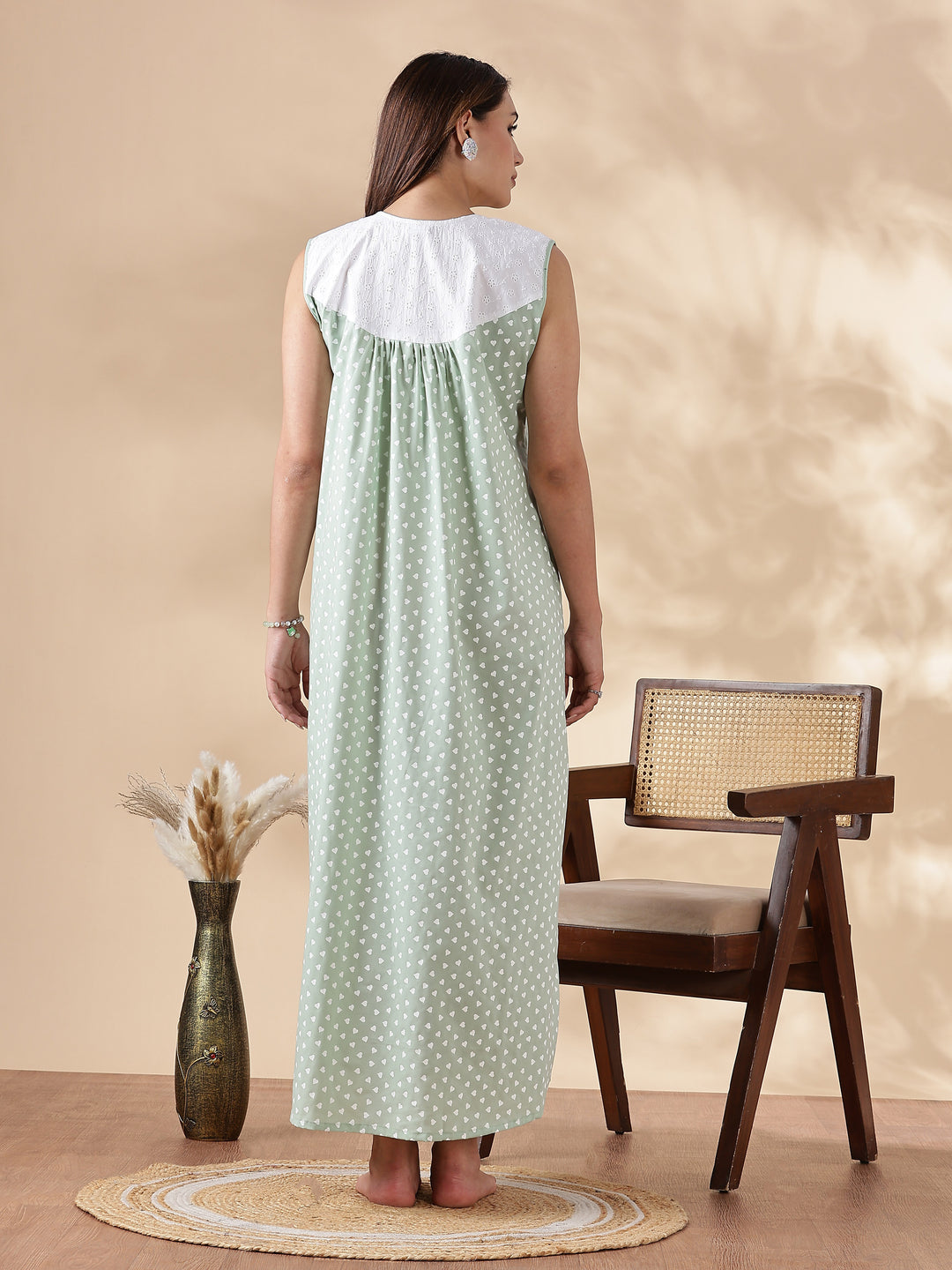 Green Cotton Sleeveless Branded Nighty for Women