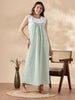 Green Cotton Sleeveless Nighty for Women with Schiffli Lace Yoke & Floral Print