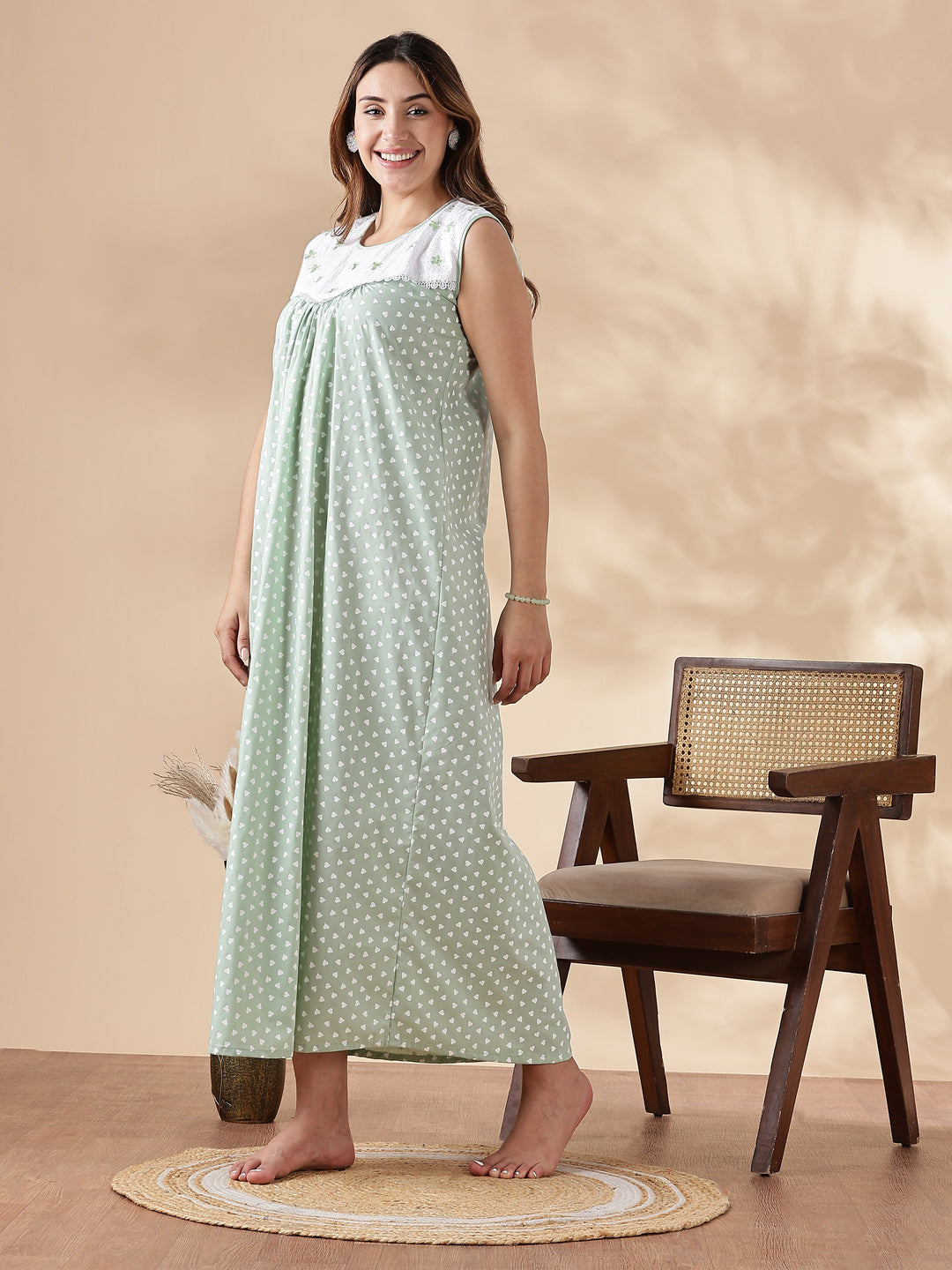 Green Cotton Sleeveless Branded Nighty for Women