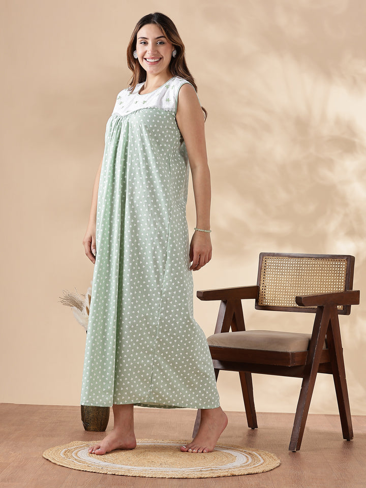 Green Cotton Sleeveless Branded Nighty for Women