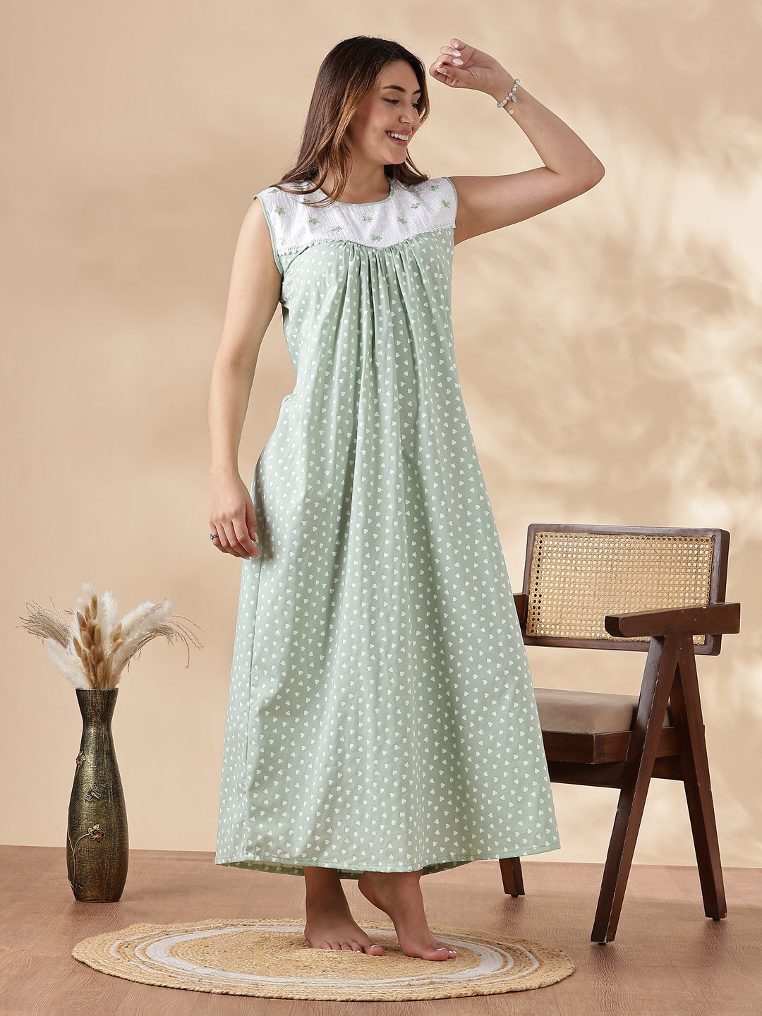 Green Cotton Sleeveless Branded Nighty for Women