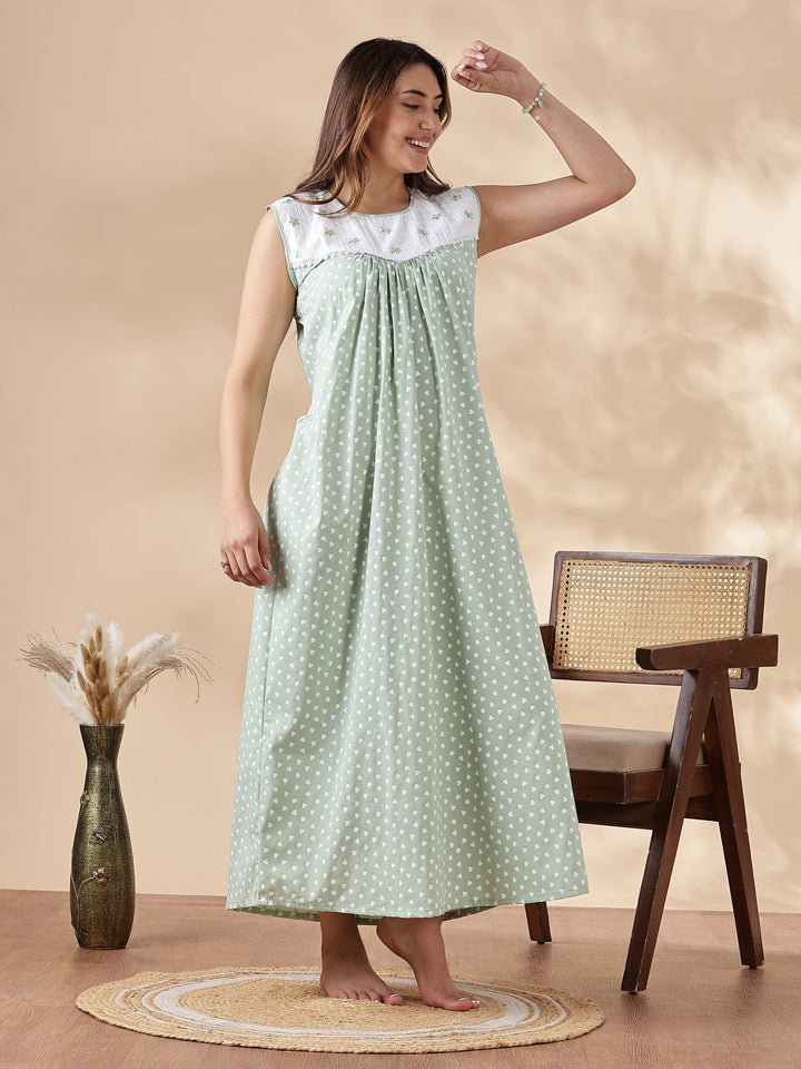 Green Cotton Sleeveless Branded Nighty for Women