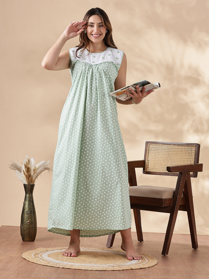 Green Cotton Sleeveless Branded Nighty for Women