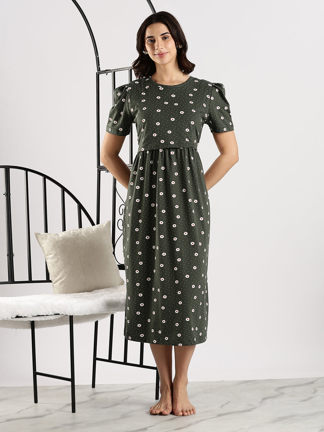 Bottle Green Branded Zipless Cozy Feeding Nighty for Women