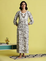 Grey Pure Embroidered Cotton Nighty with 3/4 Sleeves