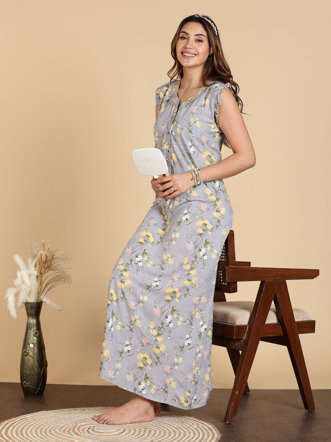 Lavishing Grey Rayon Floral Sleeveless Nighty for Women