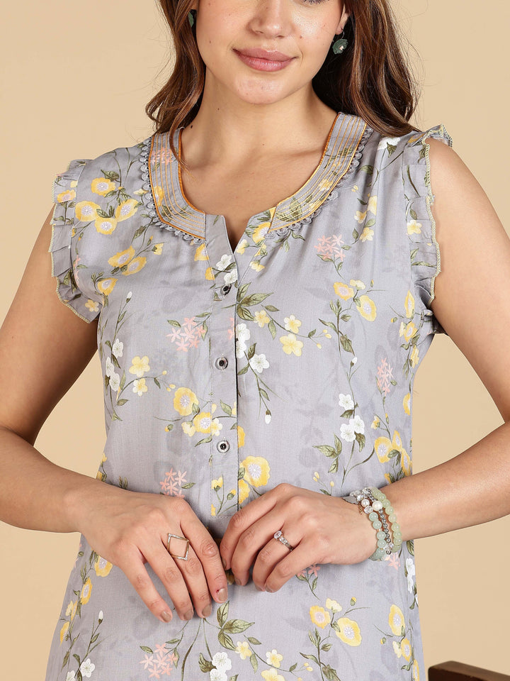 Lavishing Grey Rayon Floral Sleeveless Nighty for Women