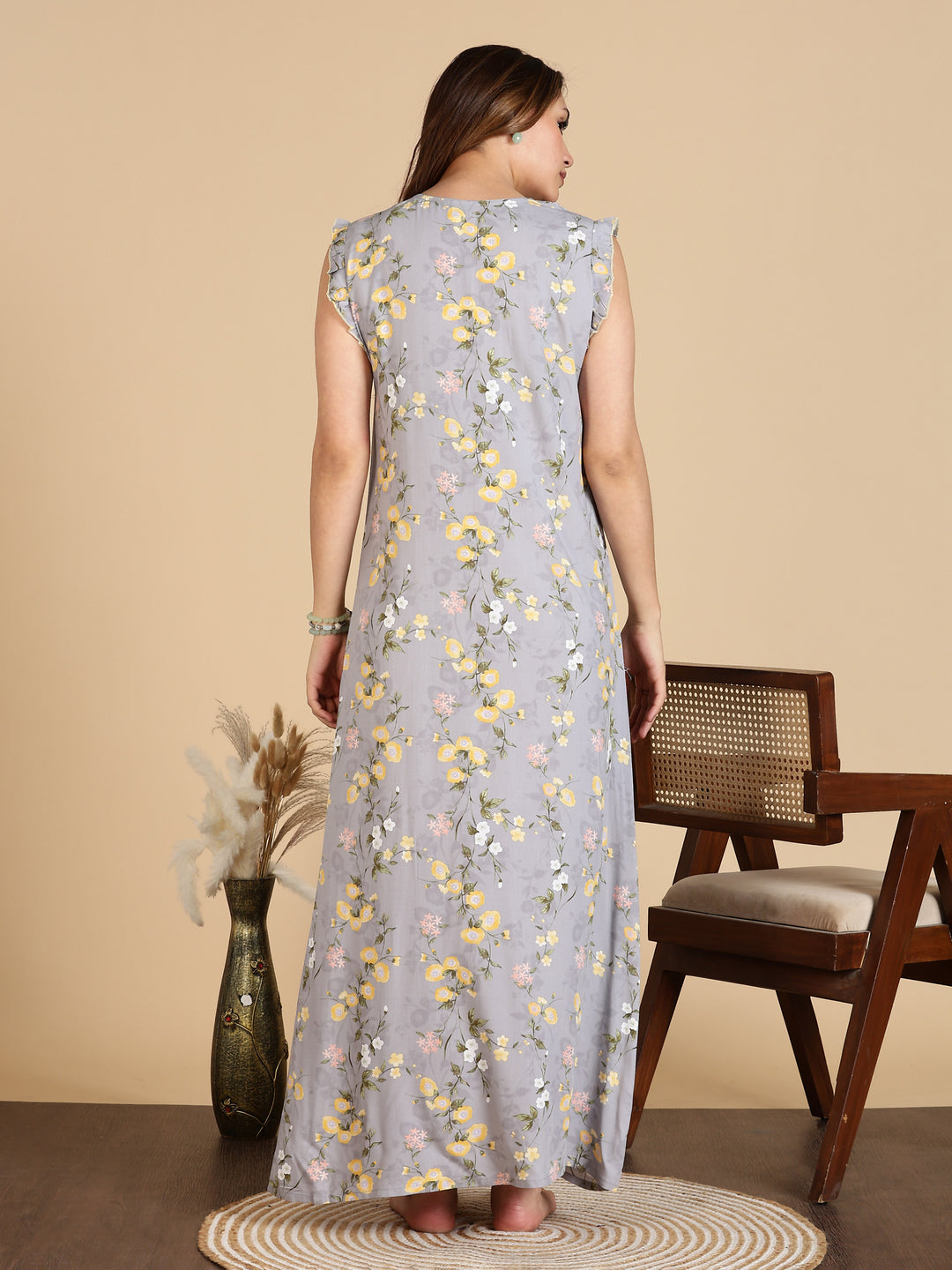 Lavishing Grey Rayon Floral Sleeveless Nighty for Women