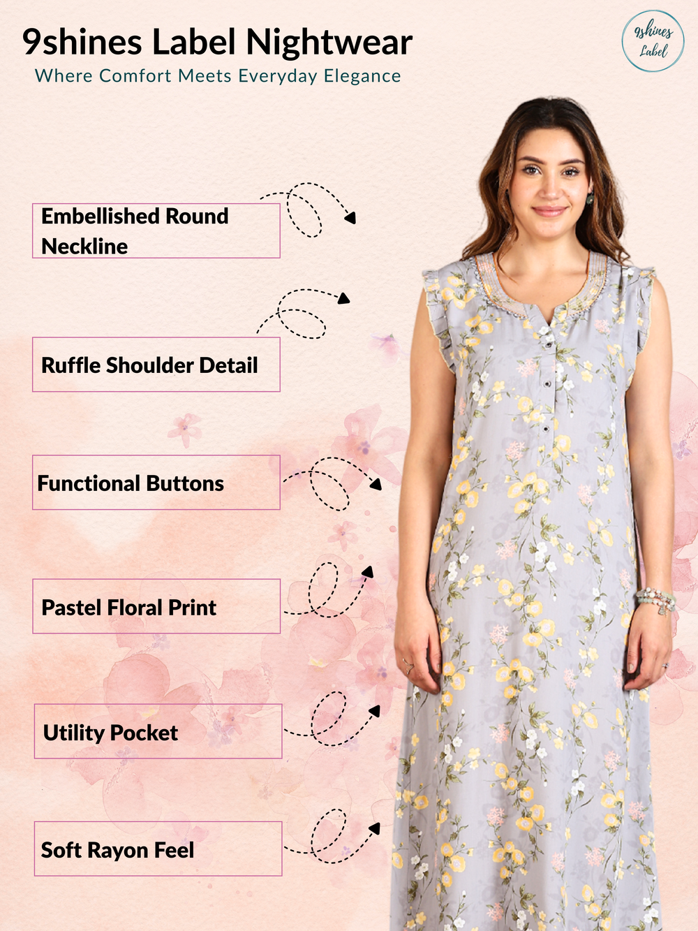 Lavishing Grey Rayon Floral Sleeveless Nighty for Women