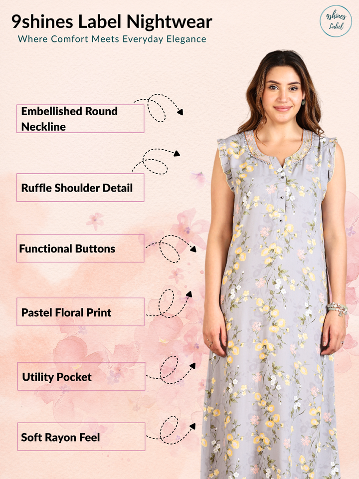 Lavishing Grey Rayon Floral Sleeveless Nighty for Women