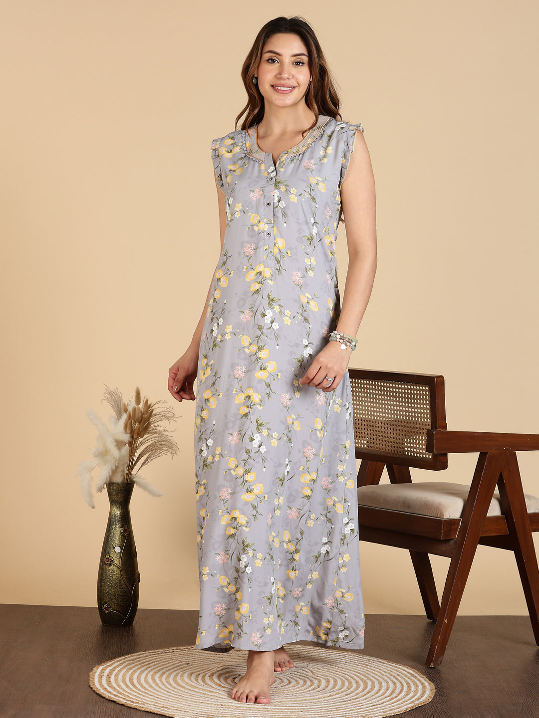 Lavishing Grey Rayon Floral Sleeveless Nighty for Women