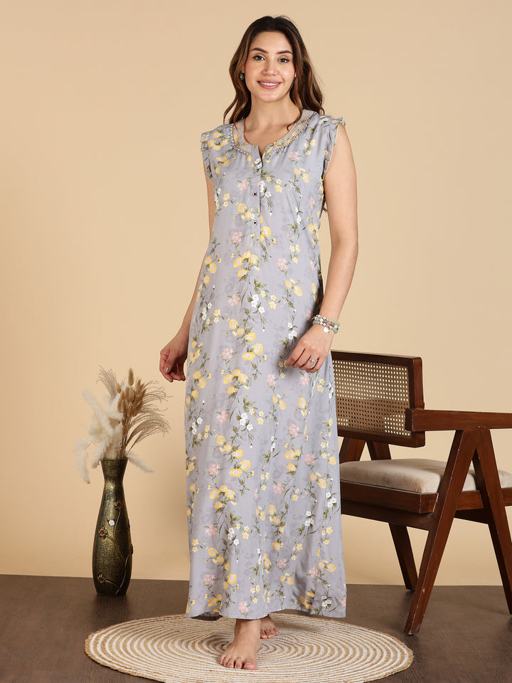 Lavishing Grey Rayon Floral Sleeveless Nighty for Women