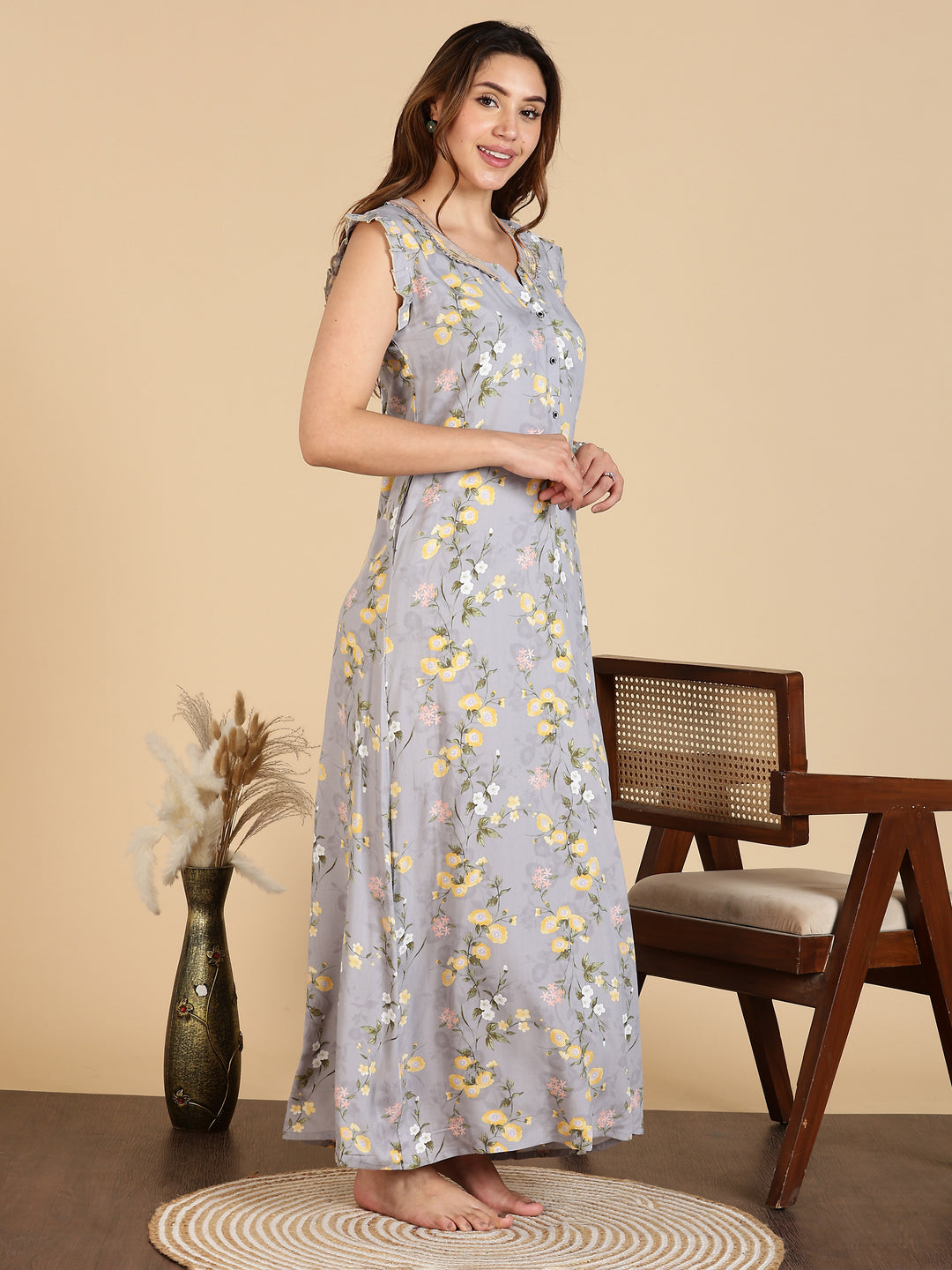 Lavishing Grey Rayon Floral Sleeveless Nighty for Women