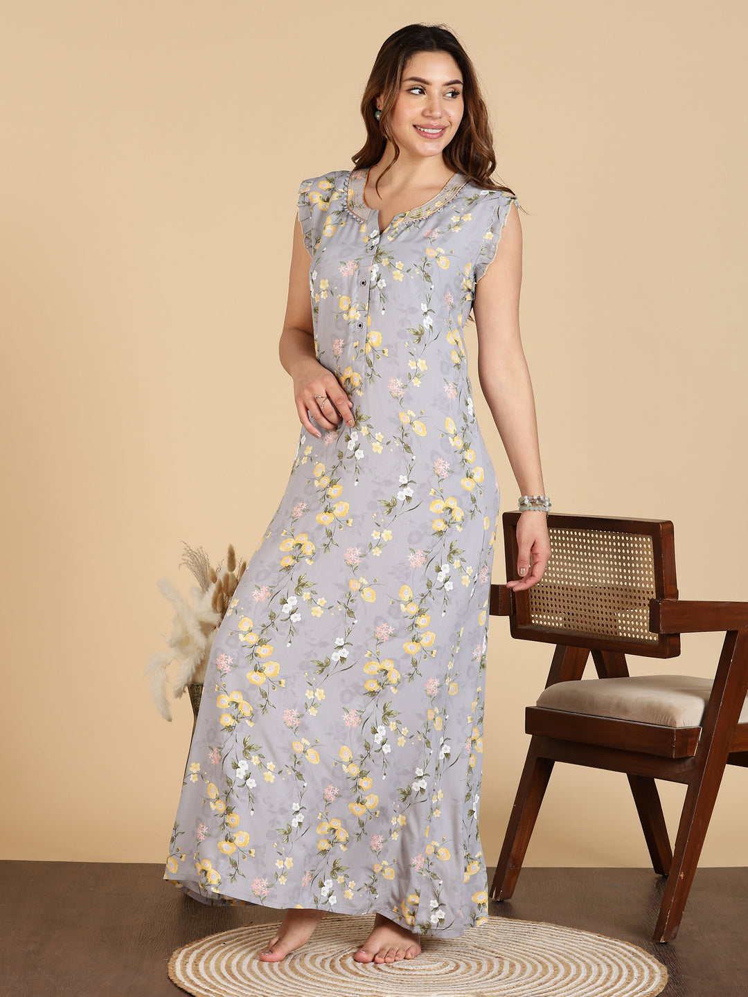 Lavishing Grey Rayon Floral Sleeveless Nighty for Women