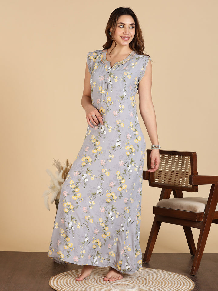 Lavishing Grey Rayon Floral Sleeveless Nighty for Women