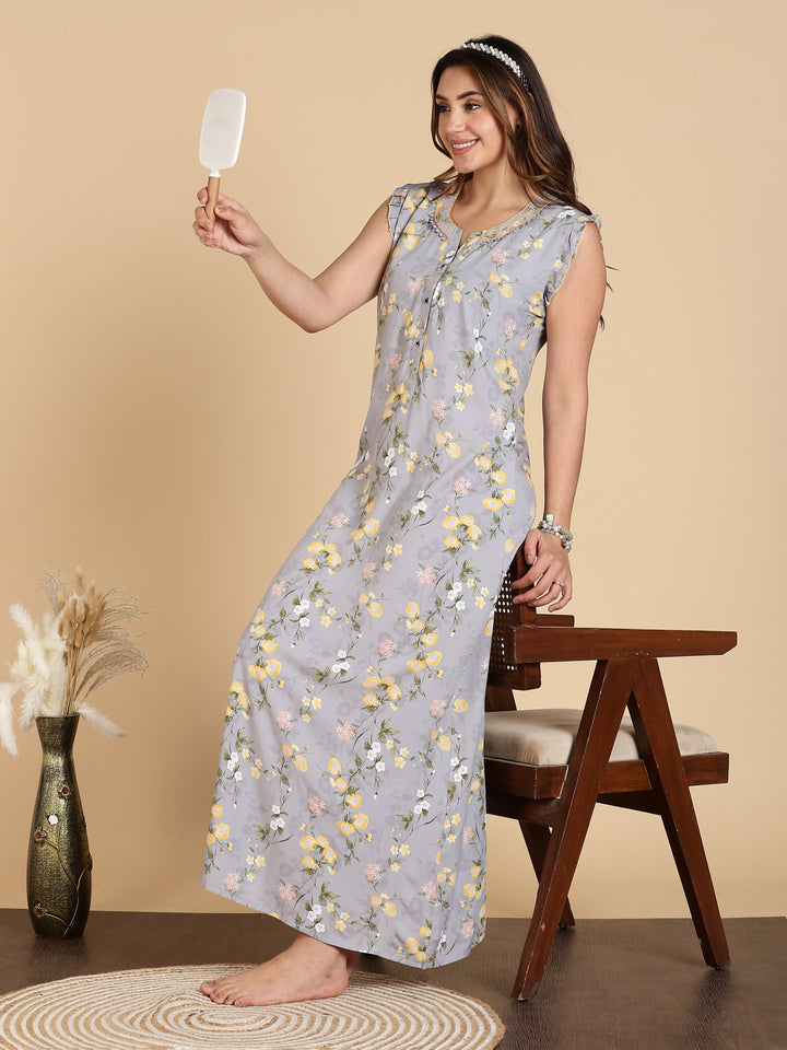 Lavishing Grey Rayon Floral Sleeveless Nighty for Women