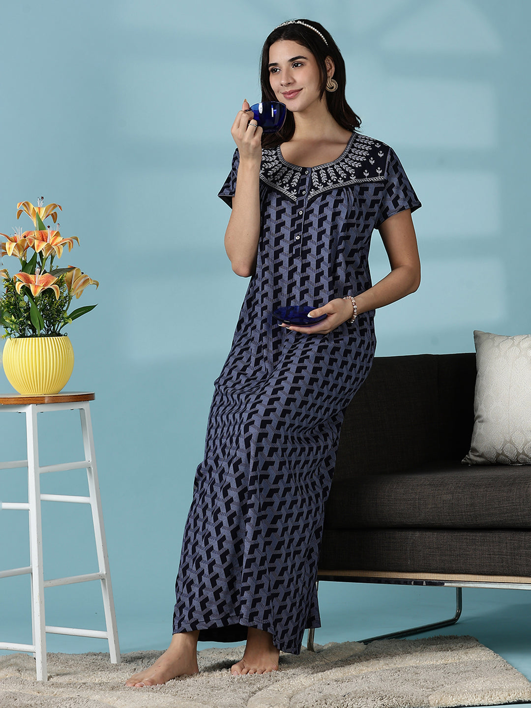 Grey Hosiery Cotton Designer Branded Nighty for Women