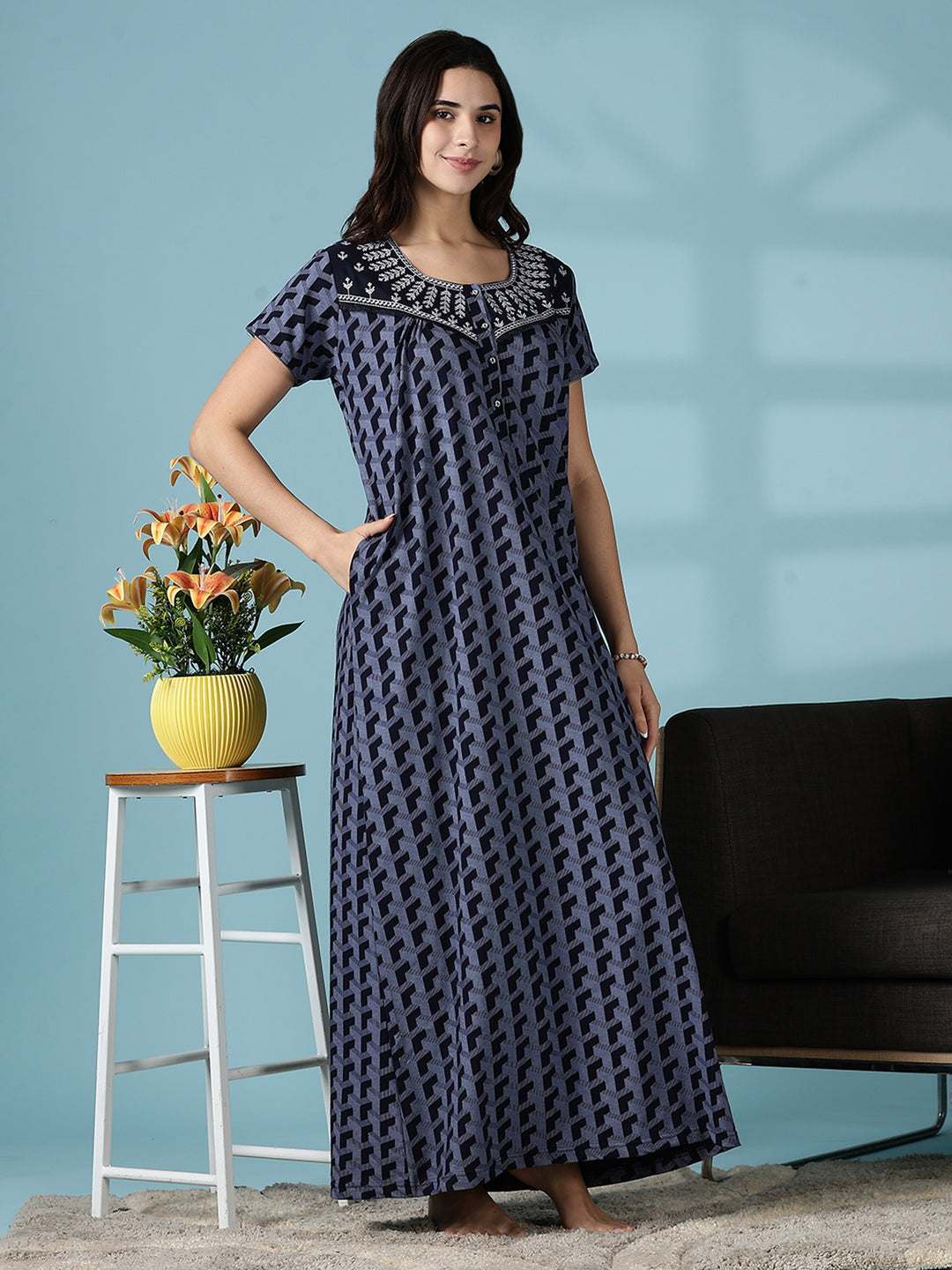 Grey Hosiery Cotton Designer Branded Nighty for Women