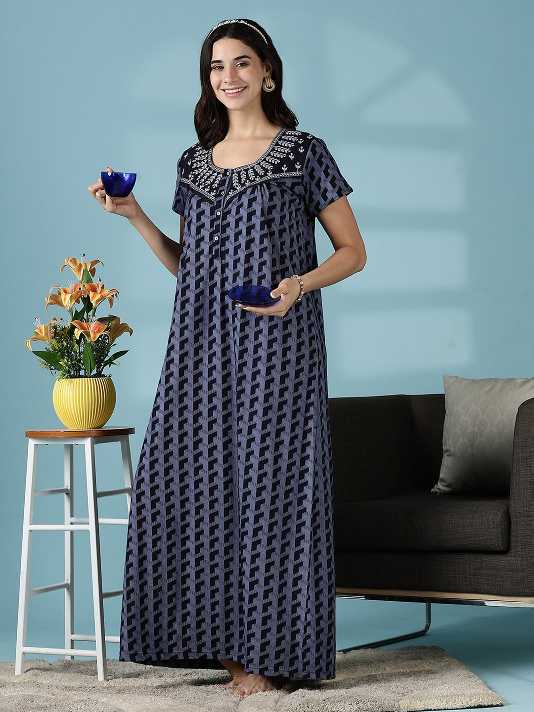 Grey Hosiery Cotton Designer Branded Nighty for Women