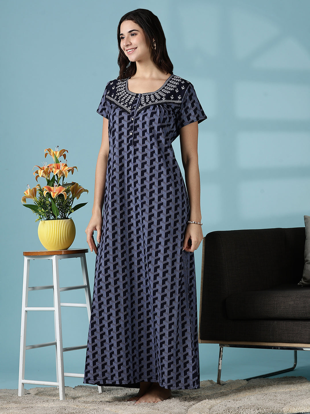 Grey Hosiery Cotton Designer Branded Nighty for Women