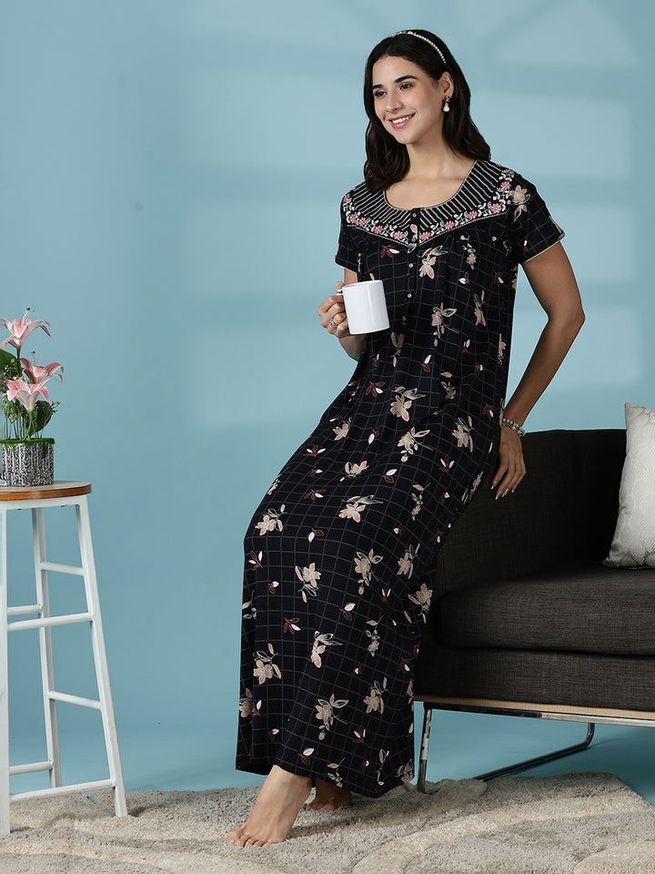 Hosiery Cotton Black Floral Designer Nighty Dress for Women
