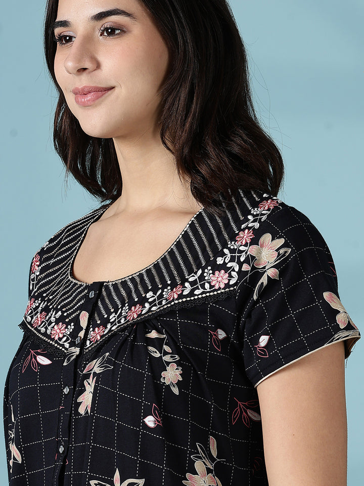Hosiery Cotton Black Floral Designer Nighty Dress for Women