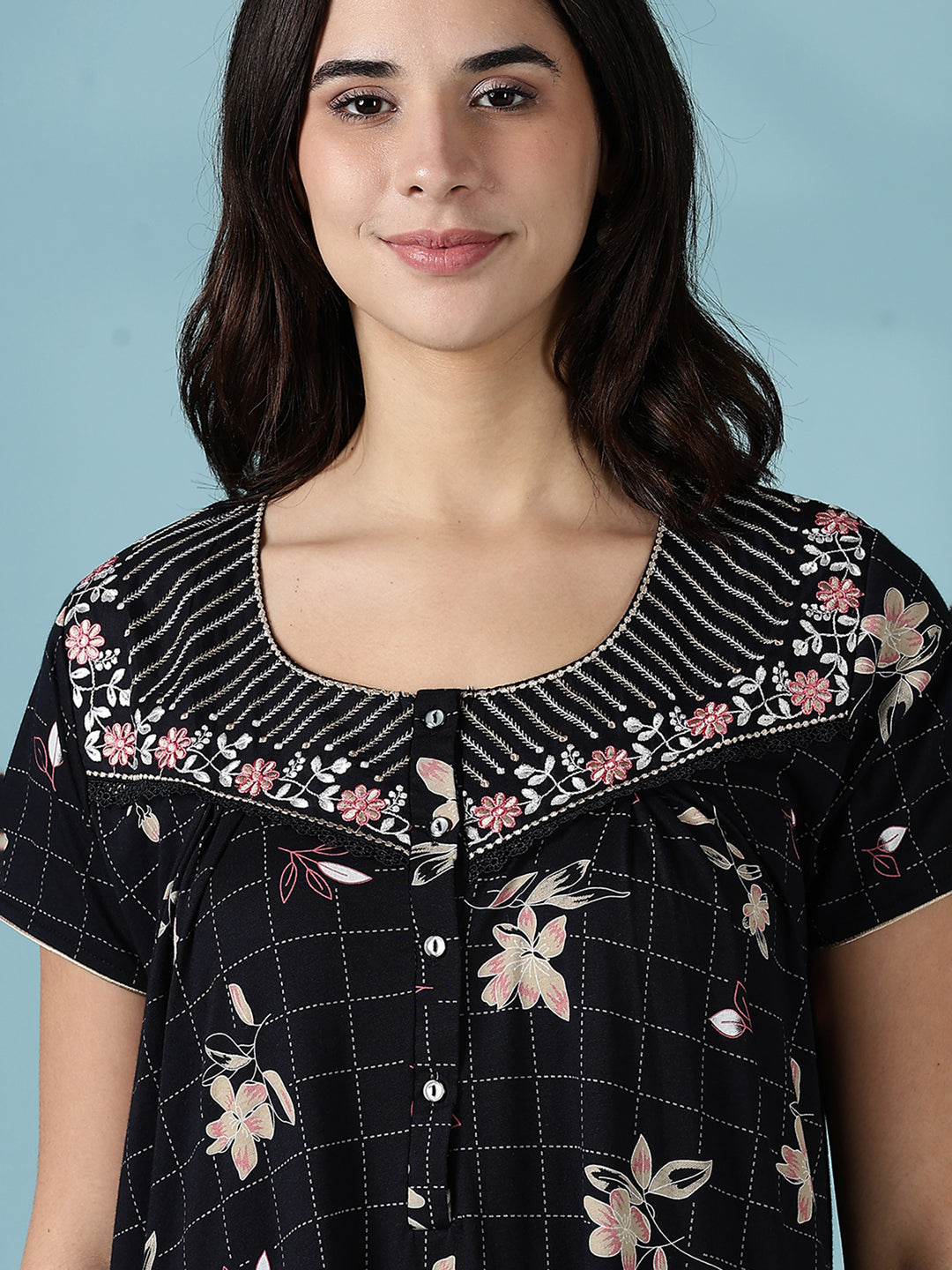 Hosiery Cotton Black Floral Designer Nighty Dress for Women