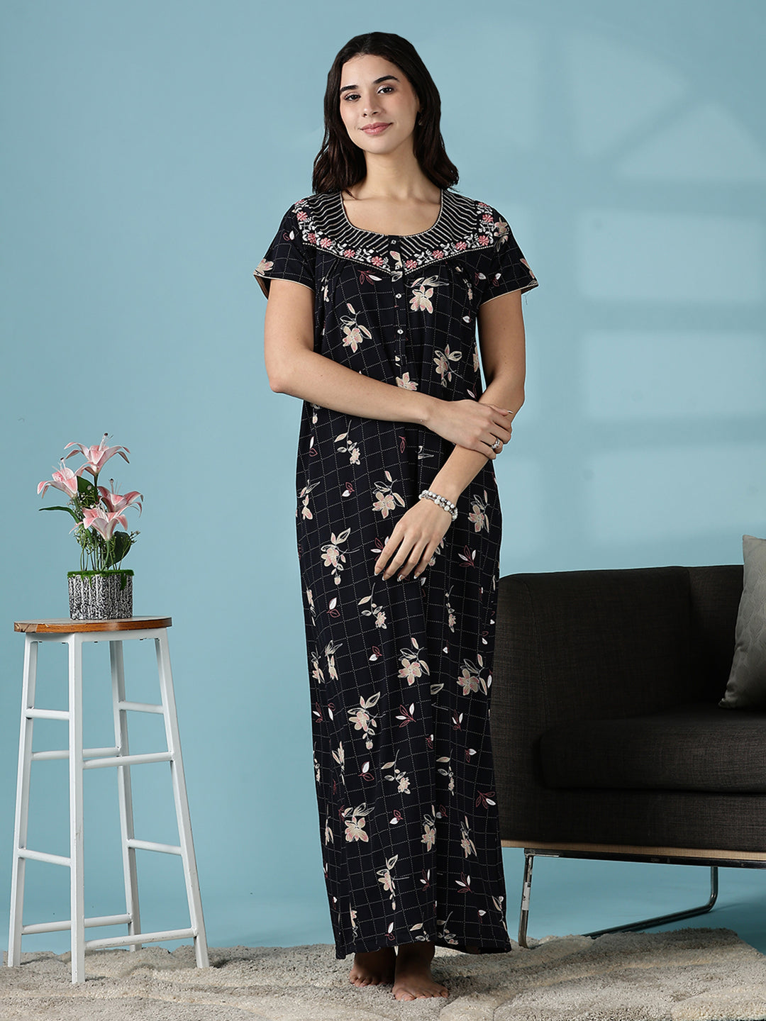 Hosiery Cotton Black Floral Designer Nighty Dress for Women