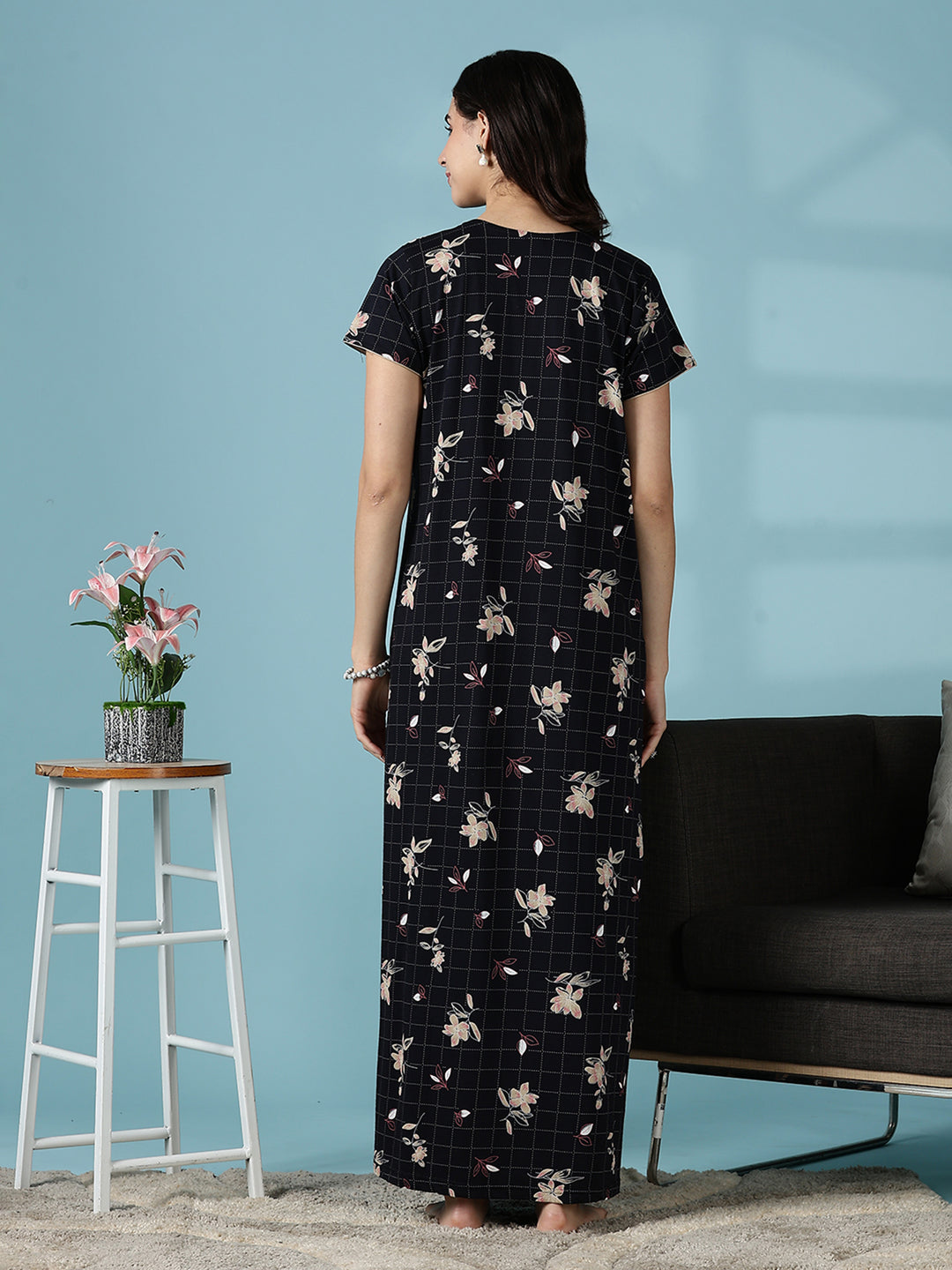 Hosiery Cotton Black Floral Designer Nighty Dress for Women