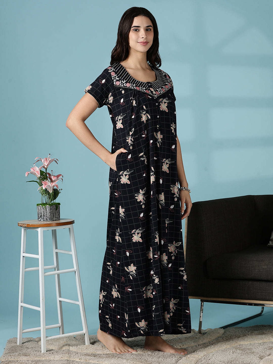 Hosiery Cotton Black Floral Designer Nighty Dress for Women