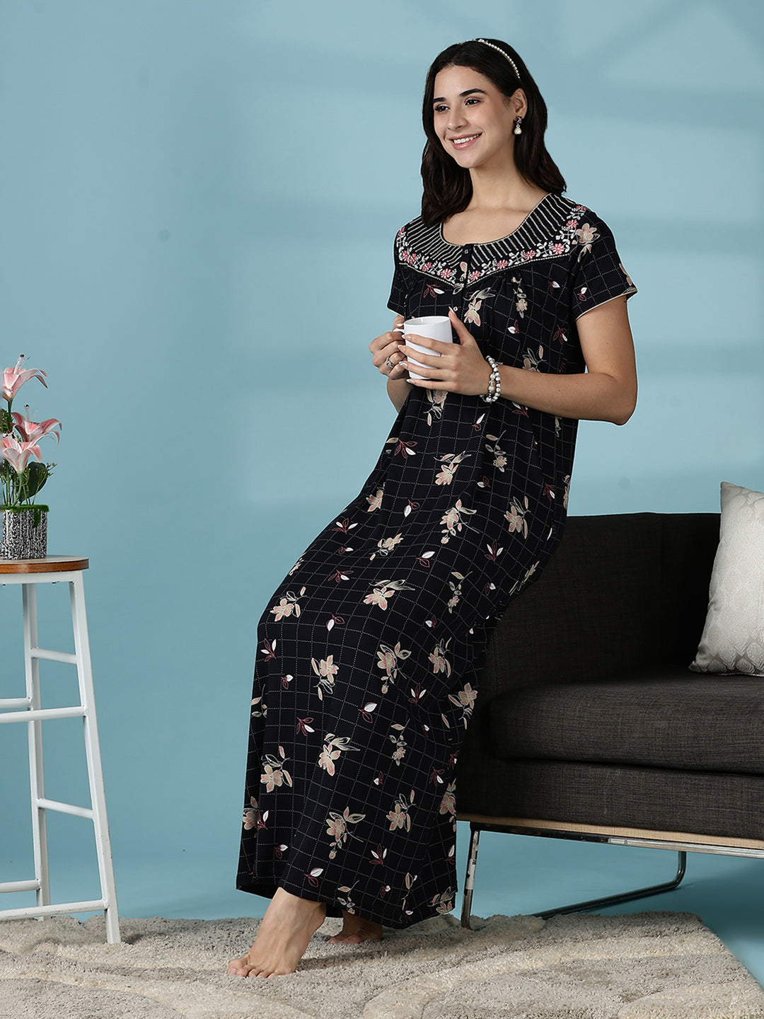 Hosiery Cotton Black Floral Designer Nighty Dress for Women