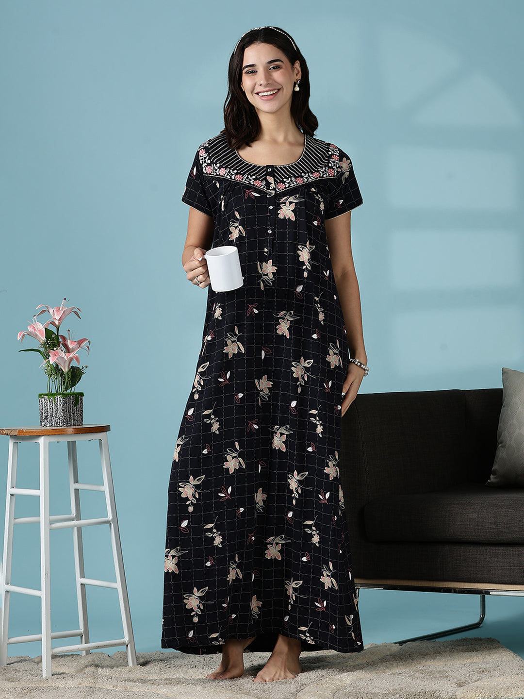 Hosiery Cotton Black Floral Designer Nighty Dress for Women