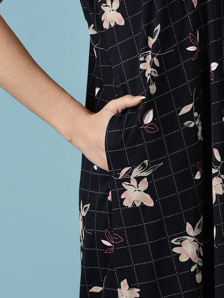 Hosiery Cotton Black Floral Designer Nighty Dress for Women