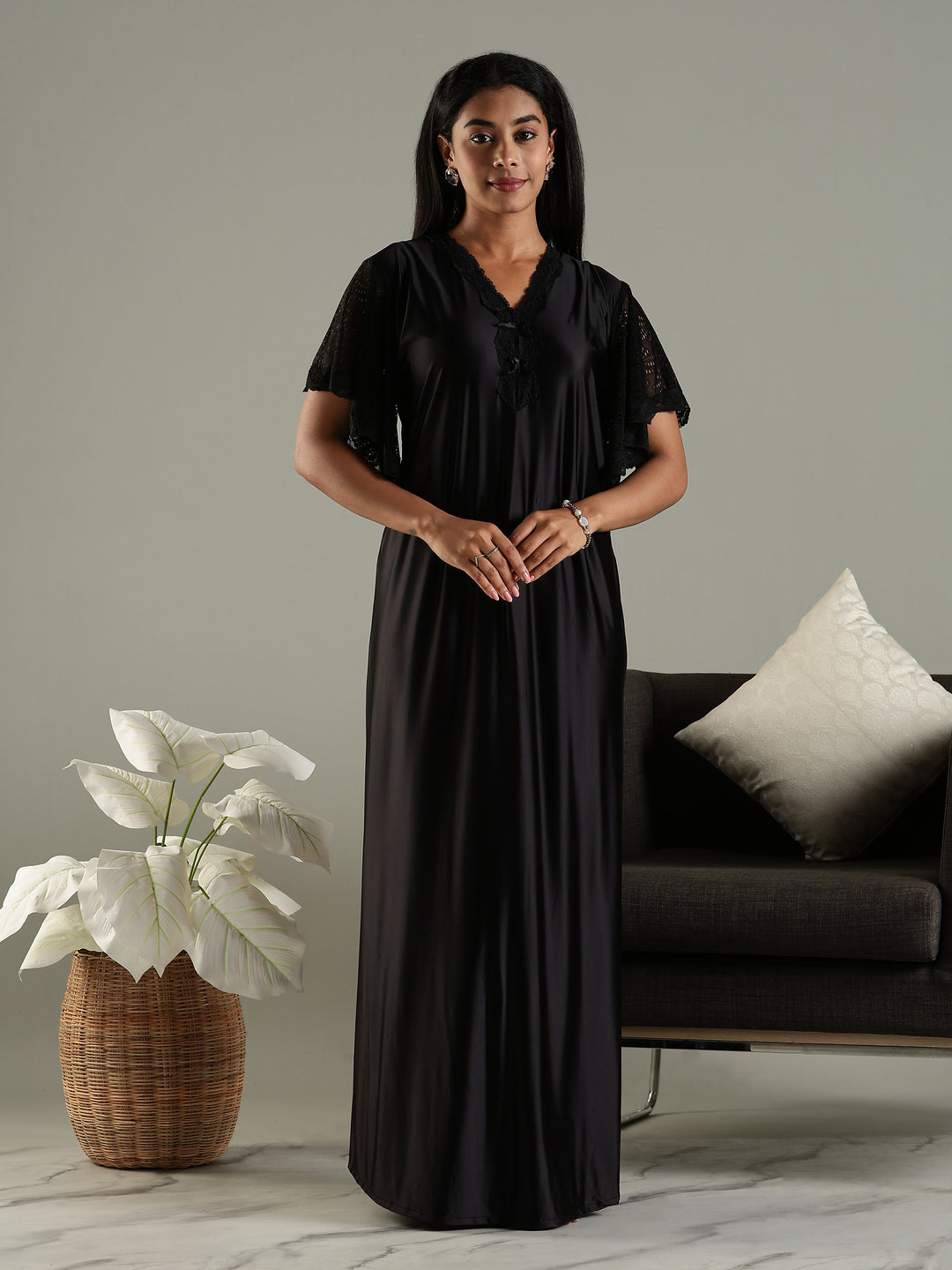 Hot Black Satin Nighty For Women with Lace Sleeves for Women