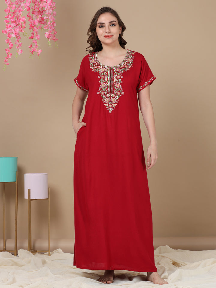 Embroidered Maroon Designer Alpine Nighty for Women