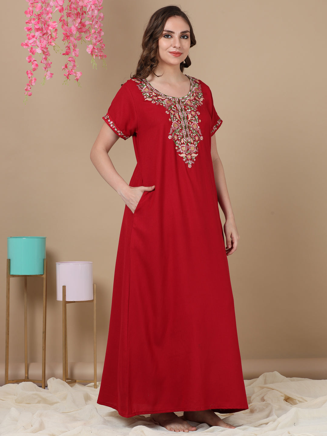 Embroidered Maroon Designer Alpine Nighty for Women