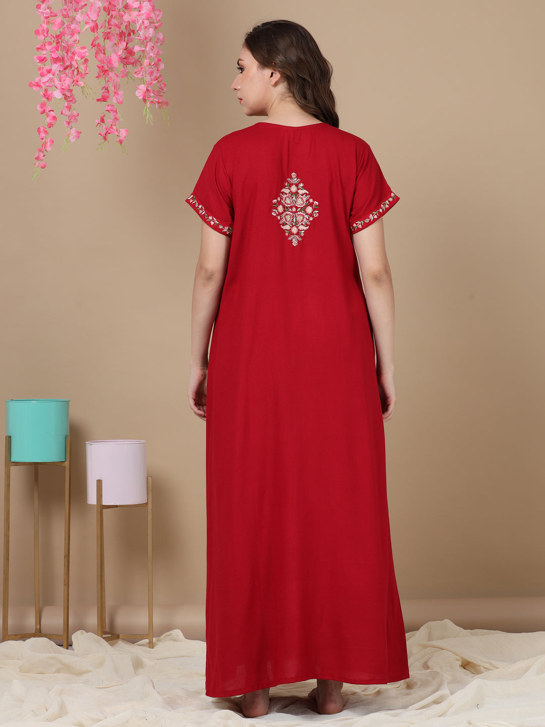 Embroidered Maroon Designer Alpine Nighty for Women