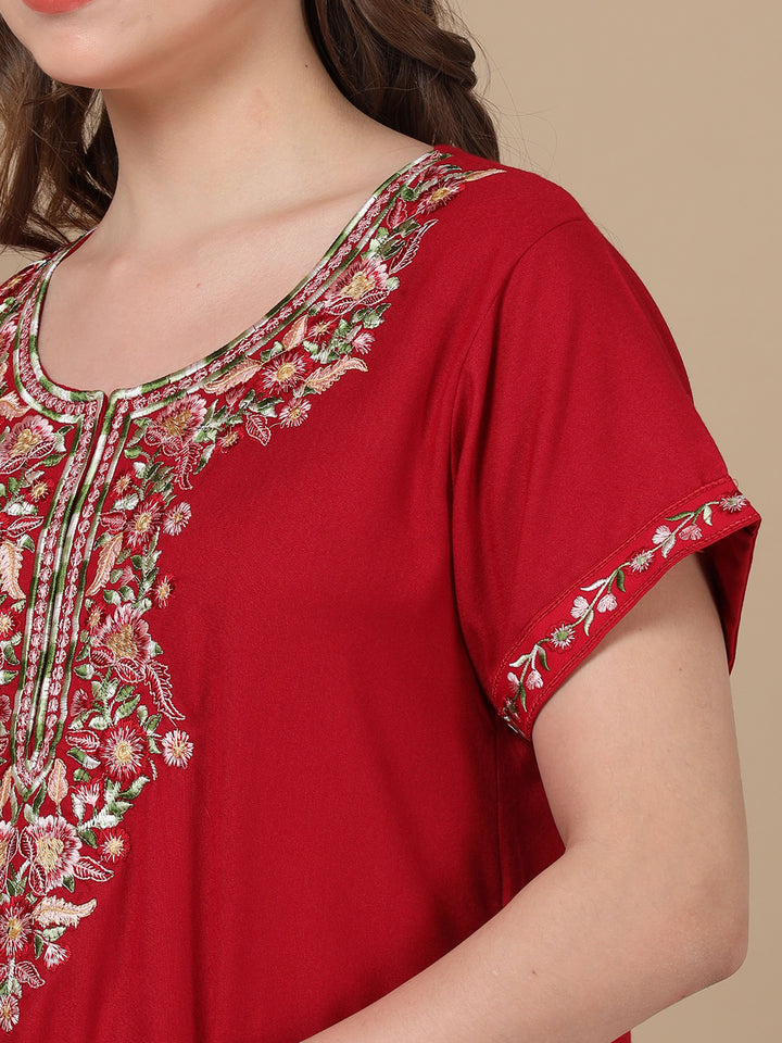 Embroidered Maroon Designer Alpine Nighty for Women