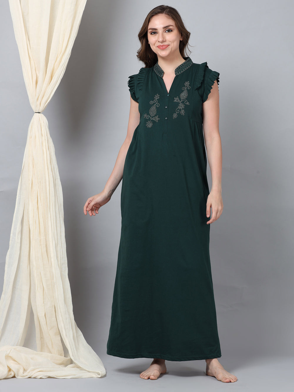  Cotton Blend Nighty  Night Elegance: Cotton Blend Night Gown with Embroidery Neck- 9shines label 