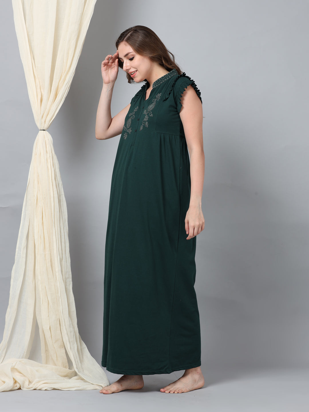  Cotton Blend Nighty  Night Elegance: Cotton Blend Night Gown with Embroidery Neck- 9shines label 