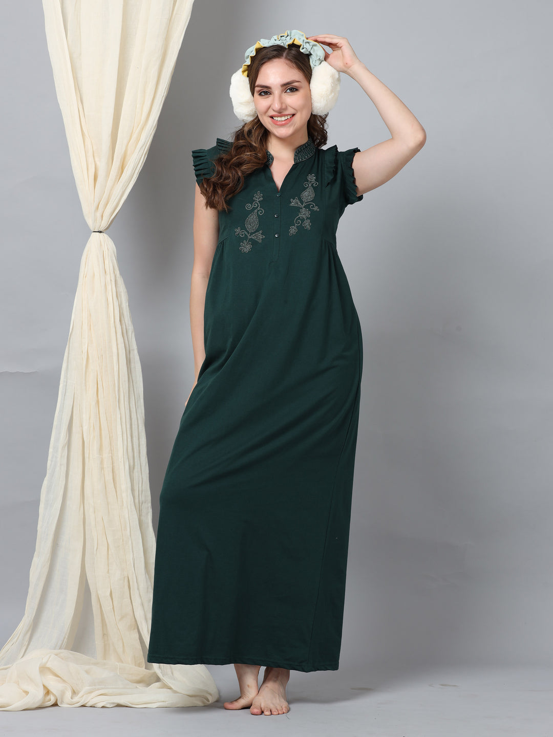  Cotton Blend Nighty  Night Elegance: Cotton Blend Night Gown with Embroidery Neck- 9shines label 