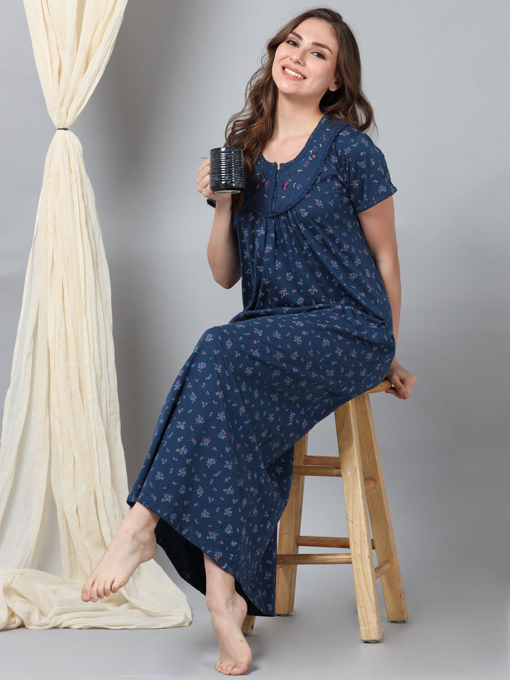  Cotton Blend Nighty  Luxurious Comfort: Lovely Long Gown Jet Blue Designer Wear- 9shines label 