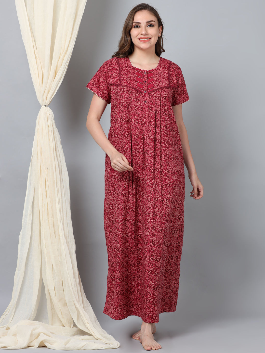  Micro Poly Viscose Nighty  Discover Luxury Red: Half Sleeve Long Gown Lightweight Bliss- 9shines label 