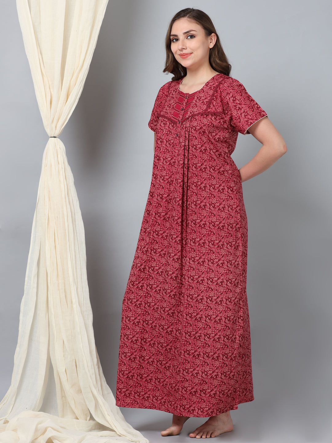  Micro Poly Viscose Nighty  Discover Luxury Red: Half Sleeve Long Gown Lightweight Bliss- 9shines label 