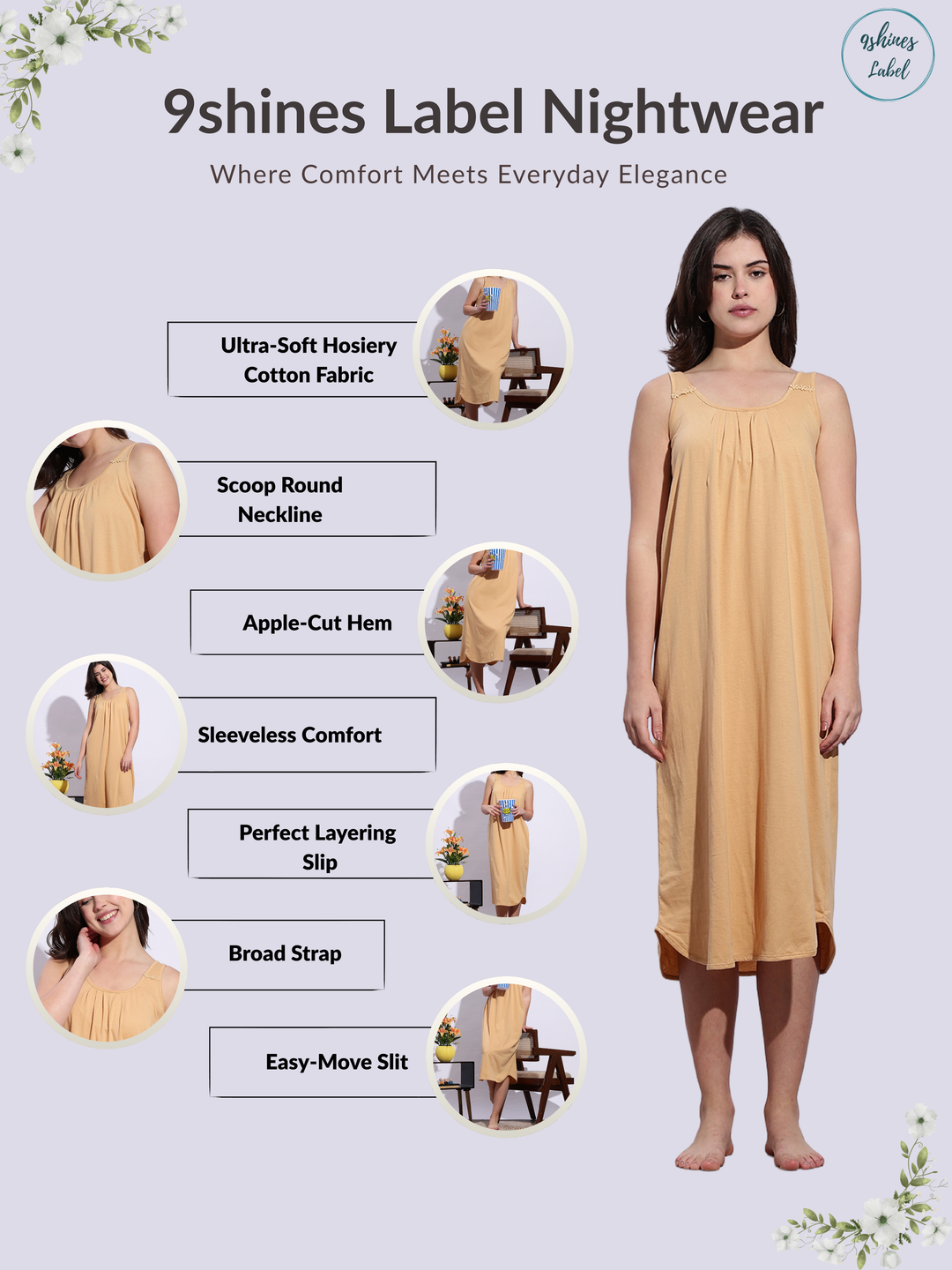 Beige Sleeveless A Line Cotton Hosiery Slip Nightdress for Women