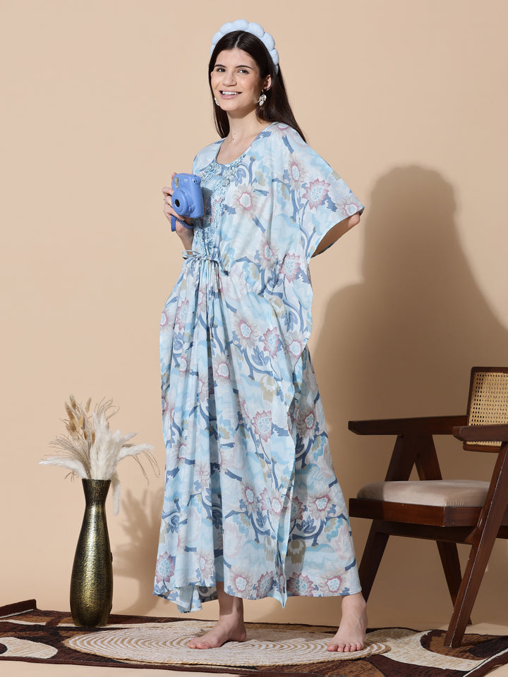 Ice Blue Cotton Kaftan Nighty For Women
